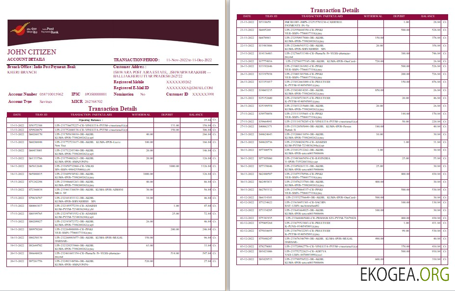 Modèle de relevé bancaire India Post Payments, format Word et PDF, 4 pages